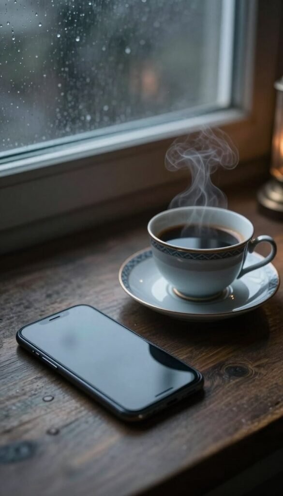 A silent phone beside a cup after a final conversation A silent phone beside a cup after a final conversation