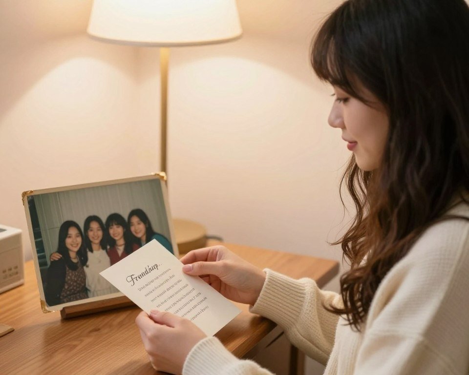 A woman reading a warm friendship message beside an old shared photo A woman reading a warm friendship message beside an old shared photo