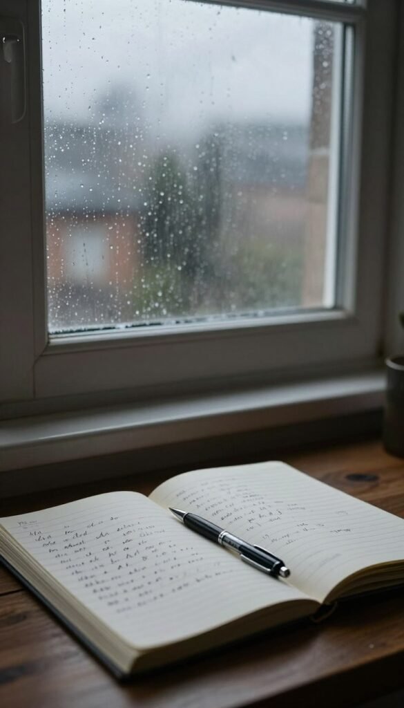 An unfinished notebook beside a window on a difficult day An unfinished notebook beside a window on a difficult day